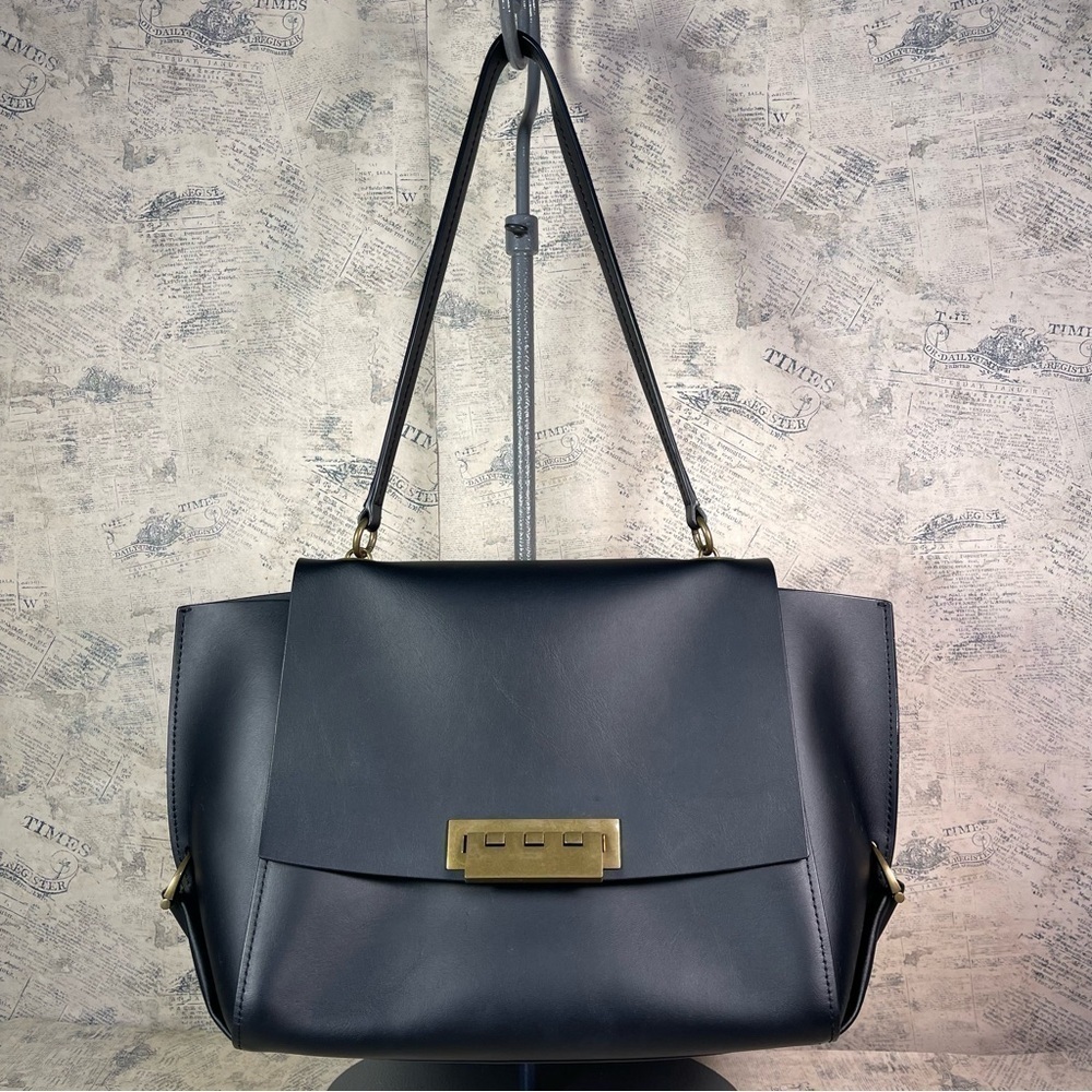 ZAC Zac Posen Eartha Folded Gusset Black Leather Shoulder Flap Bag